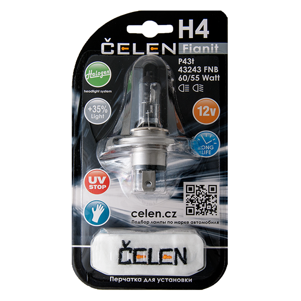 Галогенная лампа CELEN H4 43243 FNB 12V 60/55W Halogen Fianit (прозрачная) + 35% Long life, UV-stop, + перчатка Галогенная лампа CELEN H4 43243 FNB 12V 60/55W Halogen Fianit (прозрачная) + 35% Long life, UV-stop, + перчатка
