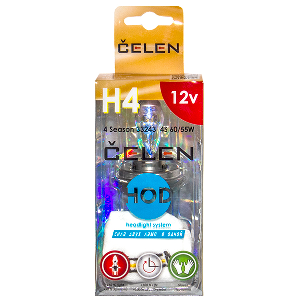 Галогенная лампа CELEN HOD H4 33243 4 SW 12V 60/55W 4 Season (желтая) + 50% яркости, керамический переходник + перчатка Галогенная лампа CELEN HOD H4 33243 4 SW 12V 60/55W 4 Season (желтая) + 50% яркости, керамический переходник + перчатка