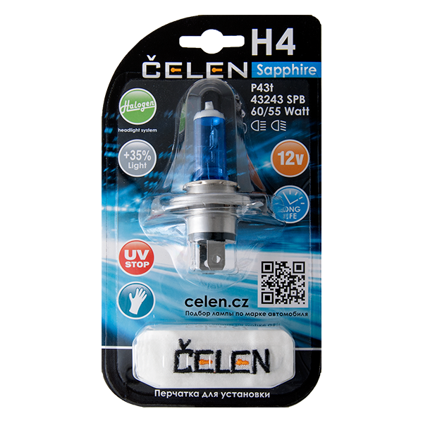 Галогенная лампа CELEN H4 43243 SPB 12V 60/55W Halogen Sapphire (синяя) + 35% Long life, UV-stop, + перчатка Галогенная лампа CELEN H4 43243 SPB 12V 60/55W Halogen Sapphire (синяя) + 35% Long life, UV-stop, + перчатка